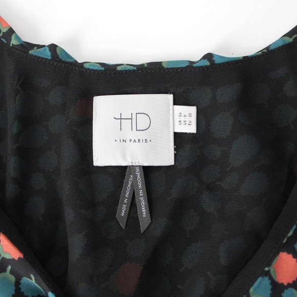 Anthropologie HD in Paris Dress Sz 0 Black Green Floral Faux Wrap ruffle V-neck - Picture 9 of 15